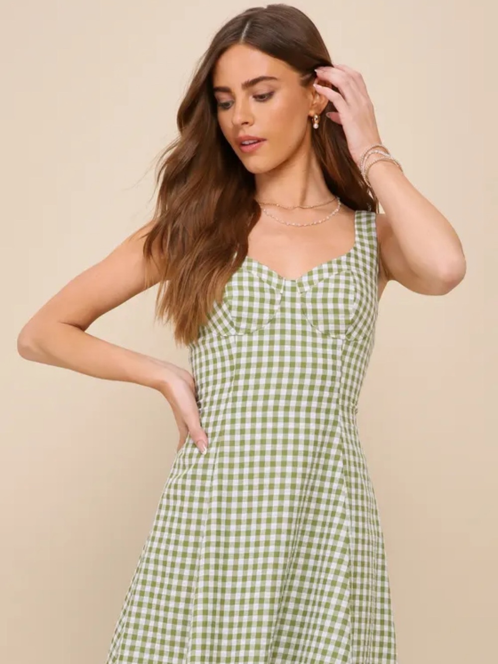Lulus Pristine Chiness Green Gingham Sleeveless Bustier Mini Dress